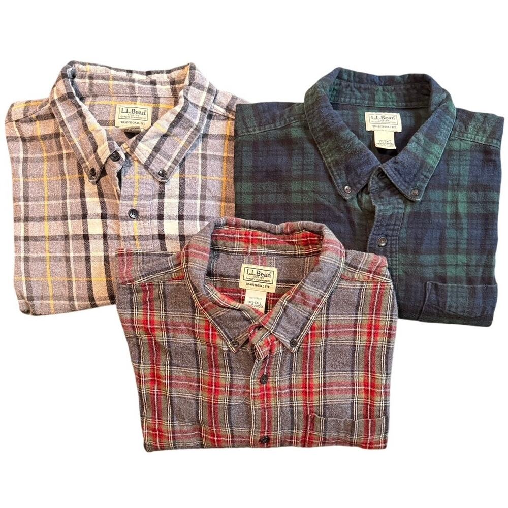 LL Bean Scotch Plaid Flannel Shirt Mens XXL Tall 2XLT Lot of 3 Traditional Fit